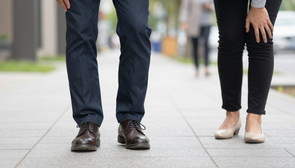 A concerned individual taking cautious first steps on a sidewalk after an accident, showcasing a slight limp. The foreground features a close-up of their feet in sturdy shoes, emphasizing the careful movement. In the middle ground, the person is dressed in professional business attire, displaying a mix of determination and uncertainty. A nearby friend offers support, creating an atmosphere of empathy and assistance. The background features a blurred urban setting, hinting at the environment where the accident occurred, with soft, diffused natural light casting gentle shadows. The mood is a balance of resilience and vulnerability, highlighting the importance of support during recovery.